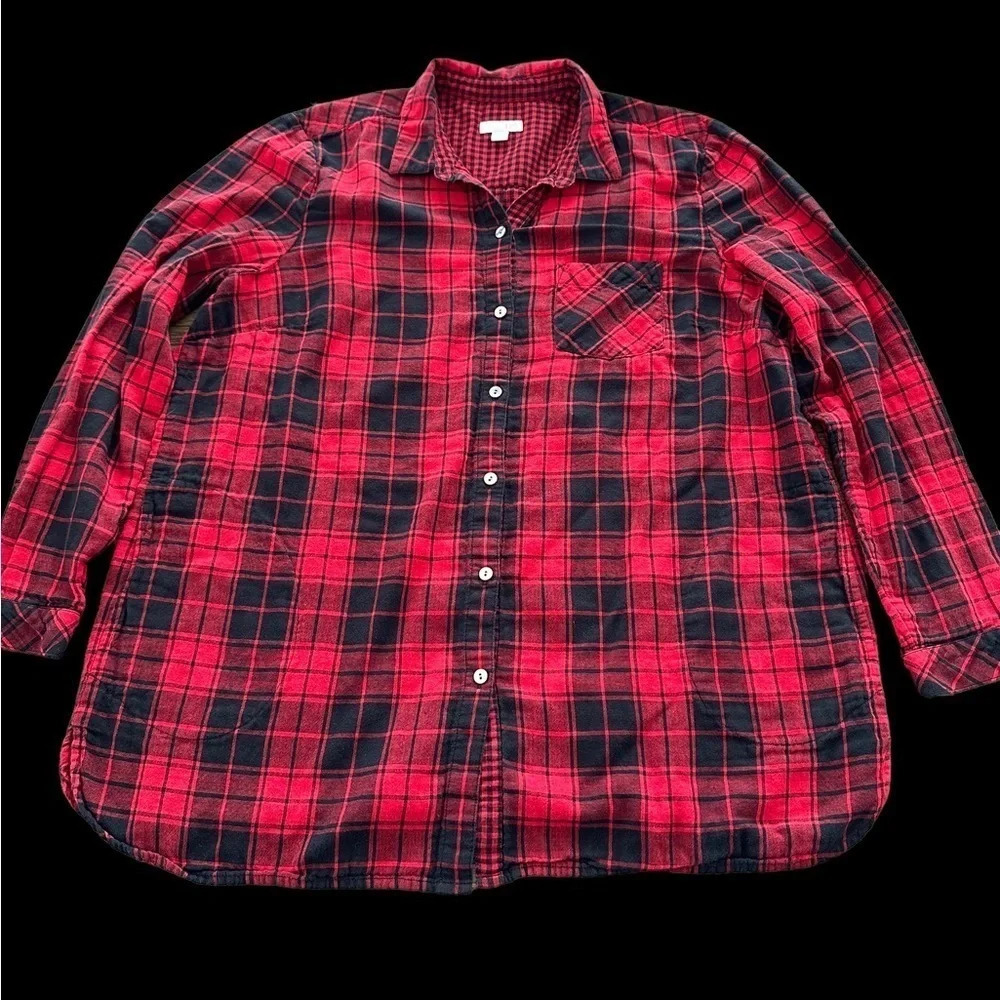 J Jill Womens Large Red Plaid Button Up Shirt Check Pockets lightweight Shacket